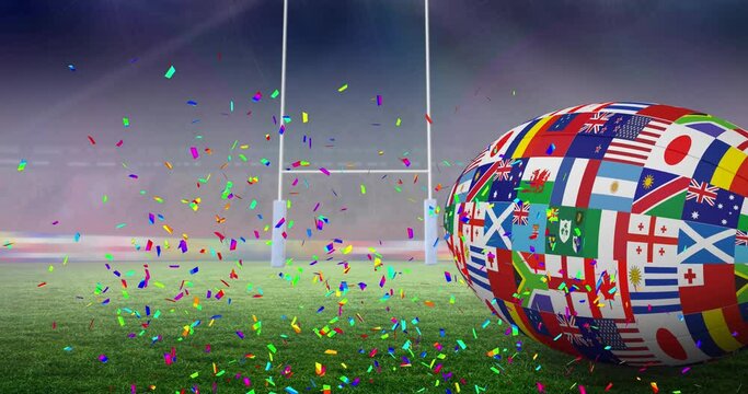 Animation of rugby ball with national flags over stadium