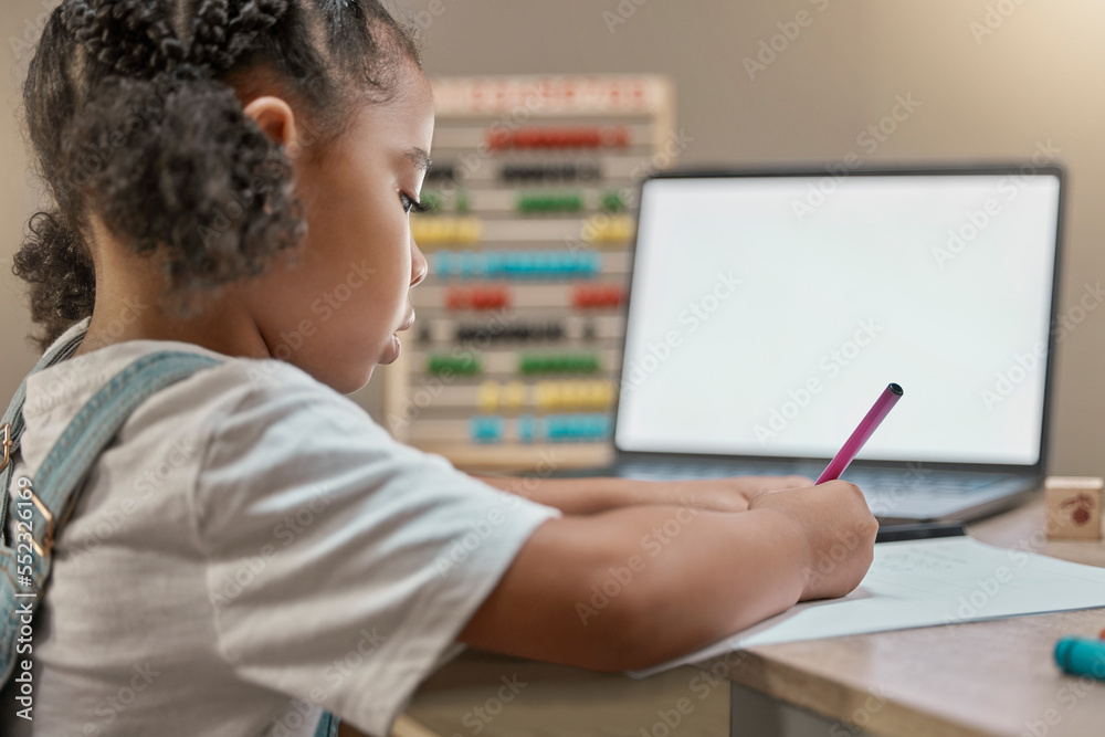 Poster laptop mockup, online education and elearning with kid, girl and student writing test at table for z