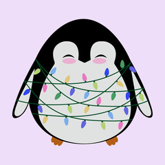 Cute christmas penguin, with garland, christmas lights, merry christmas, new year