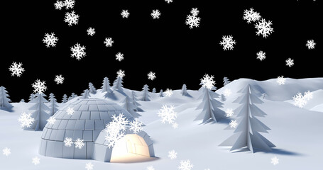 Image of snow falling over igloo in night winter landscape