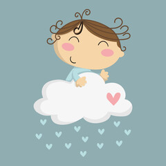 Illustration of a baby waving and riding on a cloud that rains hearts