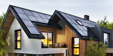 Solar panels on the roof of a beautiful modern home - obrazy, fototapety, plakaty
