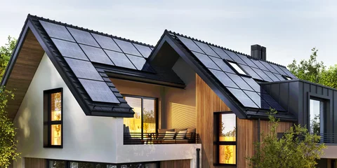 Fotobehang Solar panels on the roof of a beautiful modern home © slavun