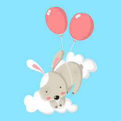 Obraz na płótnie Canvas Illustration of a little rabbit hanging from two balloons and flying in the sky