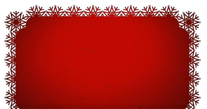 Image of snow falling over christmas decorations on red background