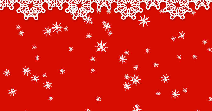 Image of snow falling over christmas decorations on red background