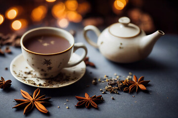 Obraz na płótnie Canvas Warm Cup of Tea Served in a Cup and Kettle with Spices and Star Anise, A Perfect Drink For Winter | Generative AI