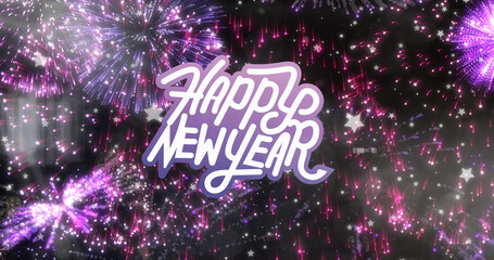 Image of happy new year text in purple and white over pink fireworks on black background