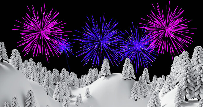 Image Of Pink And Purple Christmas And New Year Fireworks In Night Sky Over Snow Covered Trees