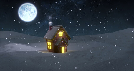 Image of christmas cottage in winter landscape at night, with full moon and falling snow