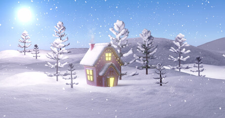 Image of christmas cottage in winter landscape with trees, sun and falling snow