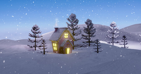 Image of christmas cottage and trees in winter landscape with falling snow