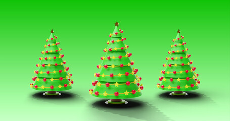 Image of christmas trees spinning on green background