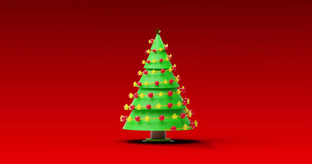 Image of christmas tree spinning on red background