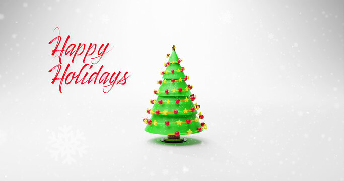 Image of christmas tree over happy holidays text