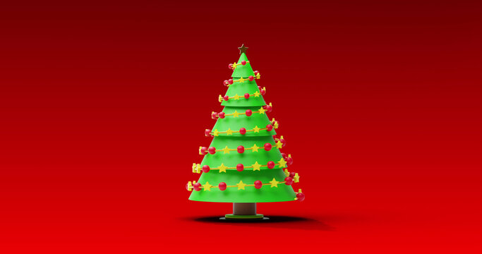 Image of christmas tree spinning on red background