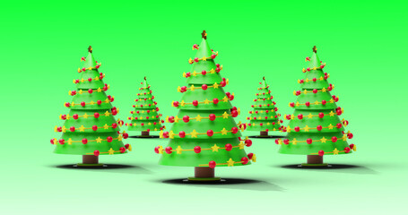Image of christmas trees spinning on green background
