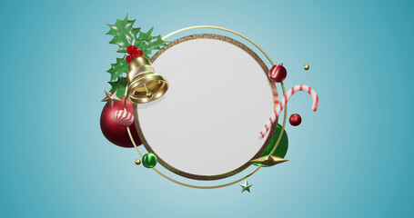 Image of circle frame with copy space and christmas decoration on blue background