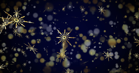 Image of snow falling and light spots on blue background