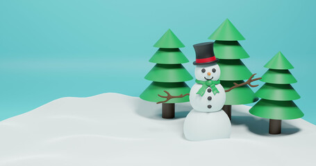 Image of christmas fir trees and snowman over green background