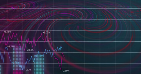 Image of waves over financial data on black background