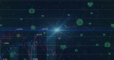 Image of network of connections and light over financial data on black background