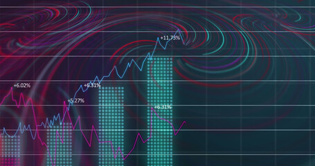 Image of waves over financial data on black background