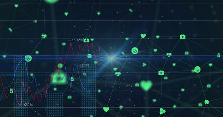 Image of network of connections and light over financial data on black background