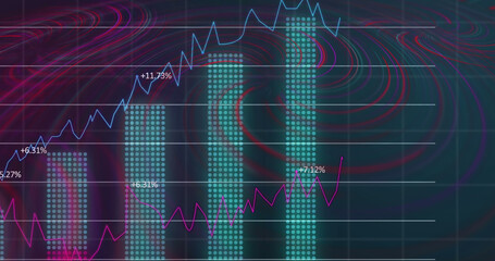 Image of waves over financial data on black background