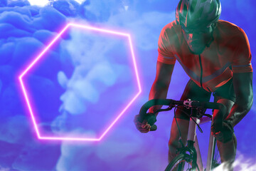African american male cyclist riding bicycle with illuminated hexagon against blue smoke