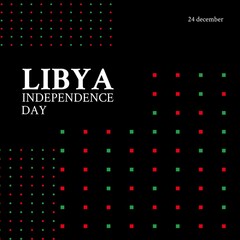 Composition of libya independence day text with squares on black background