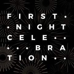 Composition of first night party text over fireworks