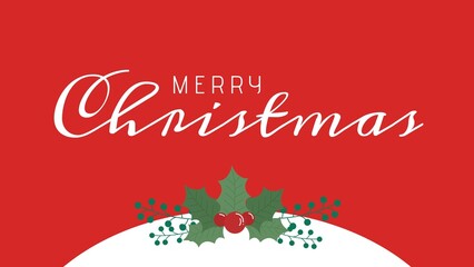 White merry christmas text with holly sprig on red background