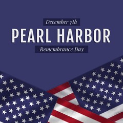 Illustration of december 7th and pearl harbor remembrance day text and flags of america, copy space