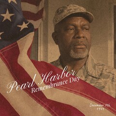 Pearl harbor remembrance day, december 7th, 1941 with flag of america over african american soldier