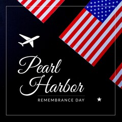 Illustration of pearl harbor remembrance day text with flags of america, airplane and star shape