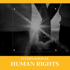 Composition of international human rights text over diverse couple holding hands