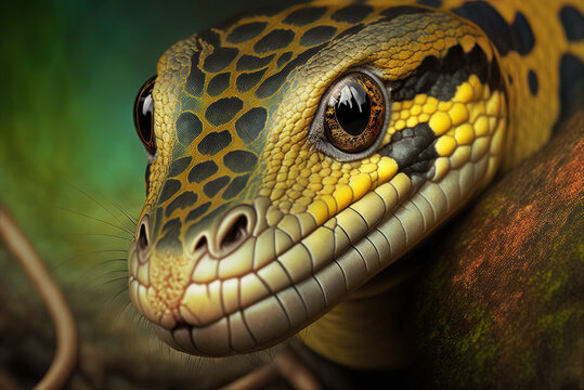 Dendrelaphis formosus snake closeup, head dendrelaphis formosus snake closeup, cloesup Generative AI