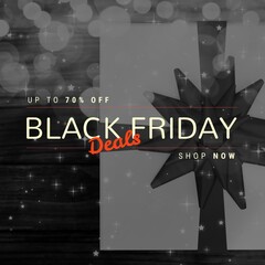 Composition of up to 70 percent off black friday deals shop now text over present and light spots