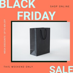 Naklejka premium Composition of black friday sale text over bag on orange background
