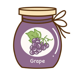 Jar of grape jelly. Hand drawn flat fruits cartoon vector illustration isolated on white background.