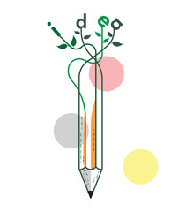 Graphic pencil with curly lines symbolizes creativity with letter idea, vector logo illustration.