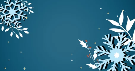 Rolgordijnen Illustration of snowflakes and leaf pattern against blue background, copy space © vectorfusionart