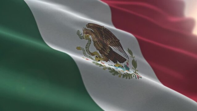 Flying the national flag of the North American country of Mexico. Waving the national flag symbol of Mexico. National flag of Mexico with vertical green white and red stripes. Coat of arms. Banner