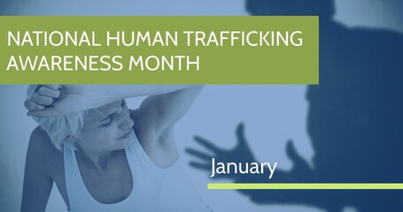 National human trafficking awareness month text and shadow of man screaming on caucasian woman
