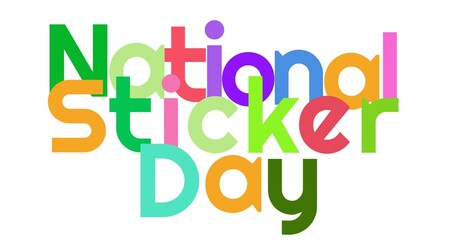 Illustration of colorful national sticker day text on white background, copy space