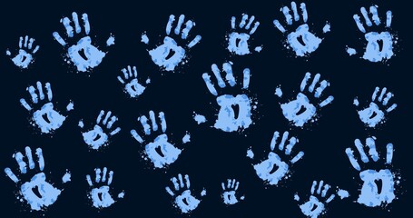 Digitally generated of stained blue handprints against black background