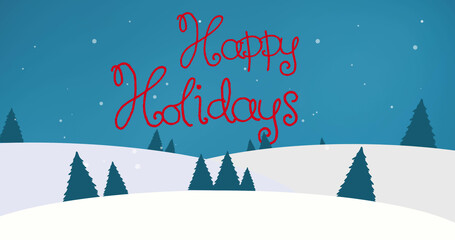 Fototapeta na wymiar Image of happy holidays text, christmas greeting over winter scenery