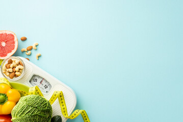 Weight loss concept. Top view photo of scales fruits vegetables nuts almonds cashew and tape measure on isolated pastel blue background with empty space