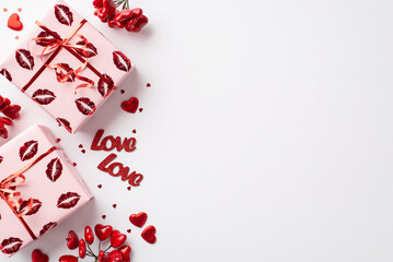 Valentine's Day concept. Top view photo of gift boxes in wrapping paper with kiss lips pattern red hearts inscriptions love and confetti on isolated white background with copyspace